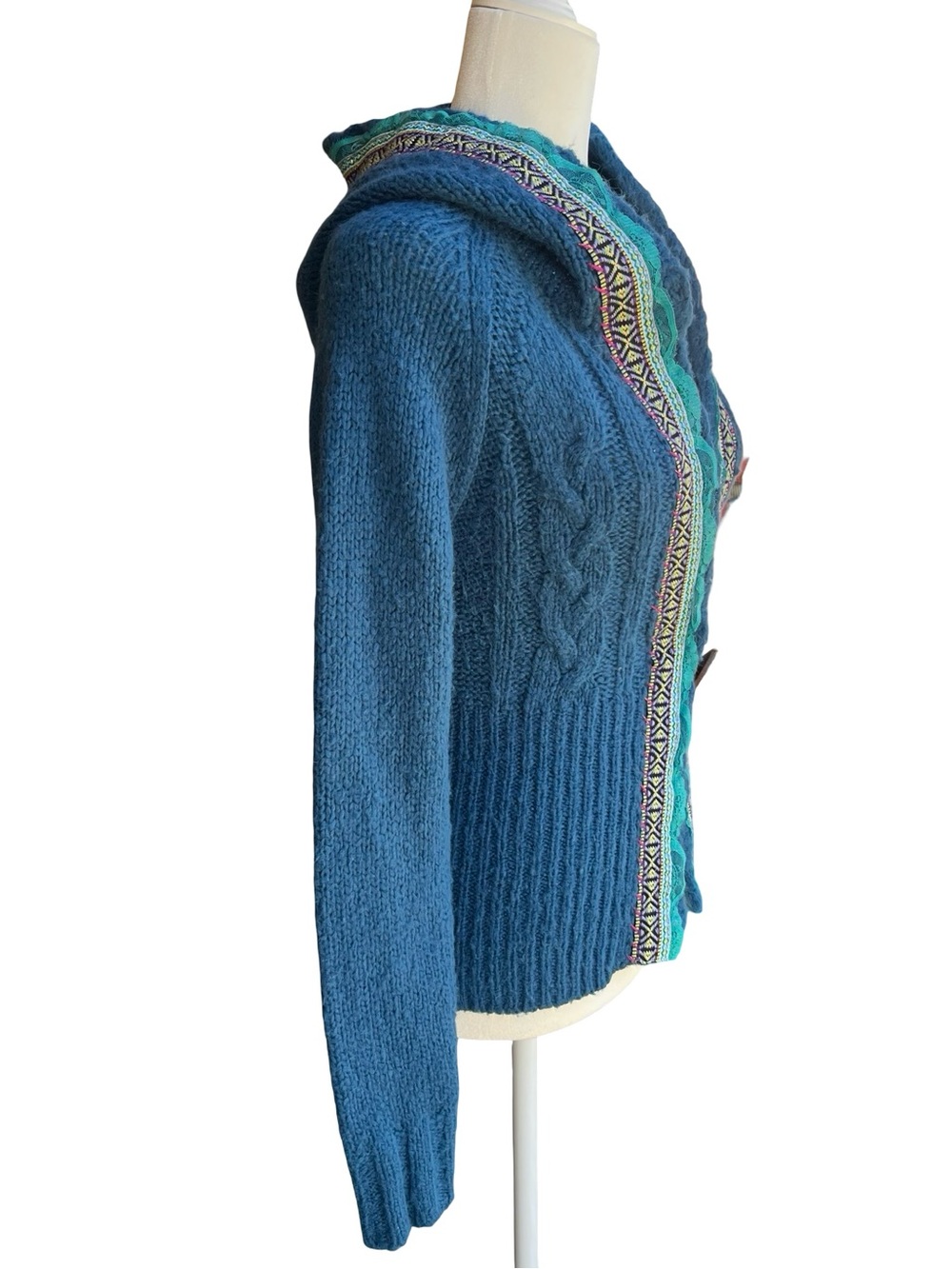 FREE PEOPLE Blue Klara Button Hooded Boho Cardigan Sz M Cozy Artisan Lace Trim - Picture 6 of 13
